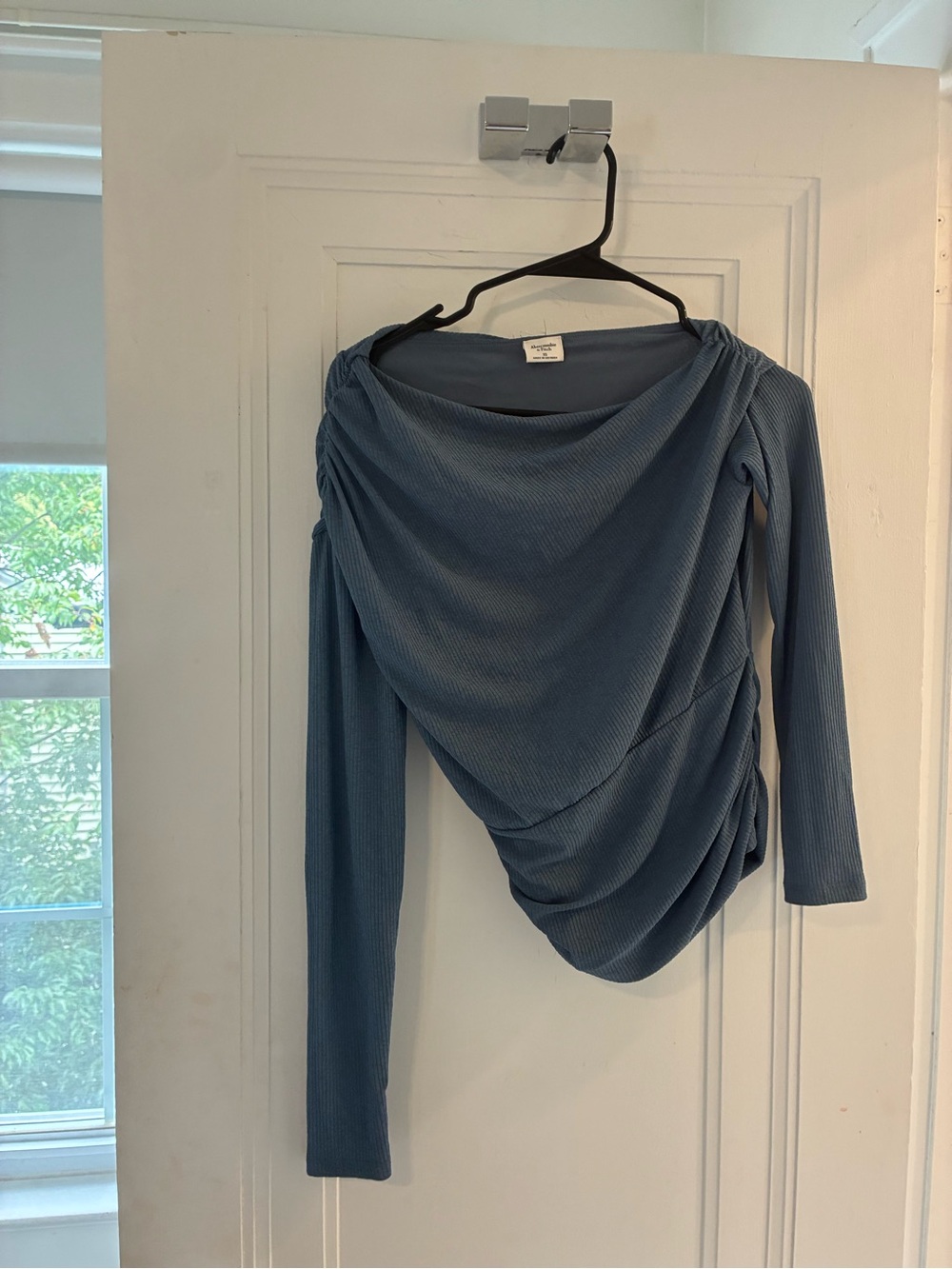 Abercrombie & Fitch Slate Blue Ruched Draped Long-Sleeve Top